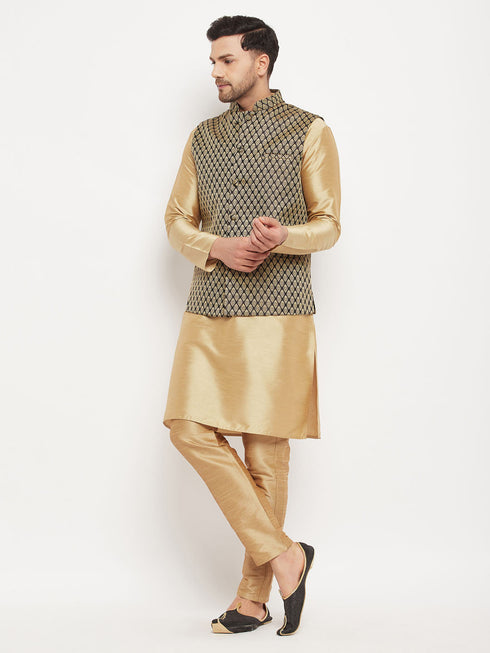 Vastramay Men's Black Ethnic Jacket With Rose Gold Silk Blend Kurta and Pant Style Pyjama Set